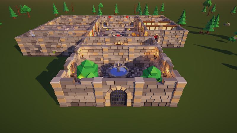 Walled courtyard with a fountain and an iron portcullis gate