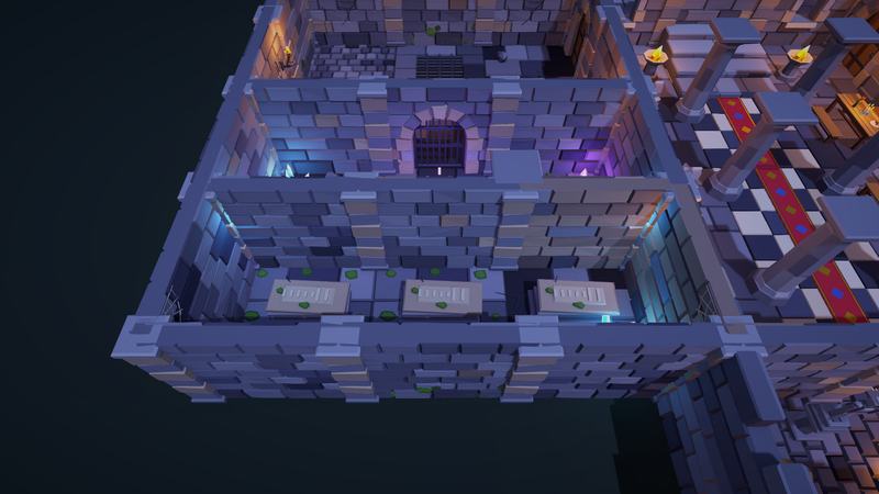 Crypt with stone sarcophagi and glowing blue and purple crystals