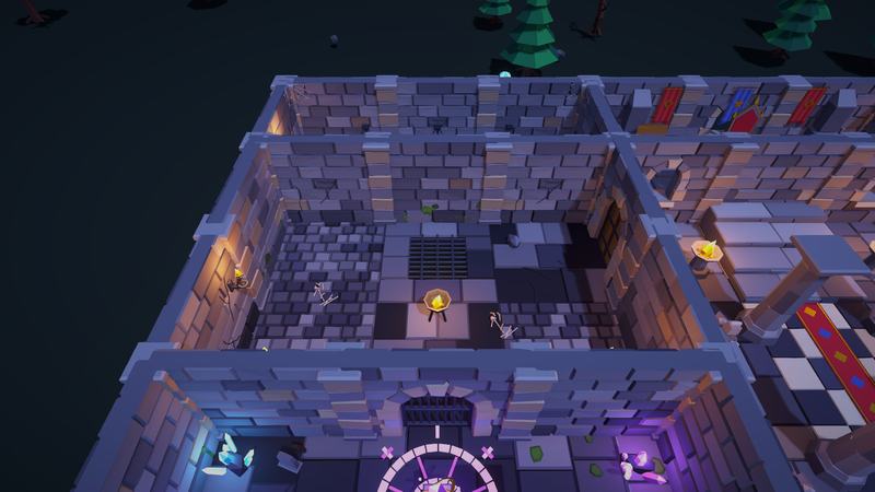 Top-down view of a stone dungeon room with a floor grate and a brazier