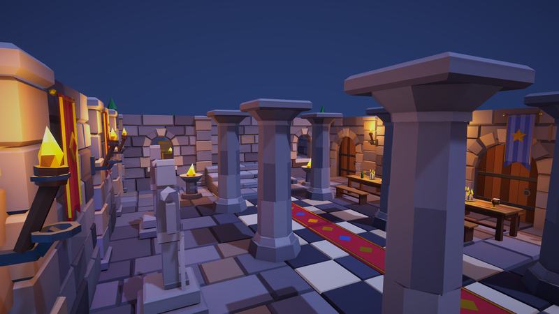 Great hall with stone pillars, checkered floor, red runner rug, banners and long tables