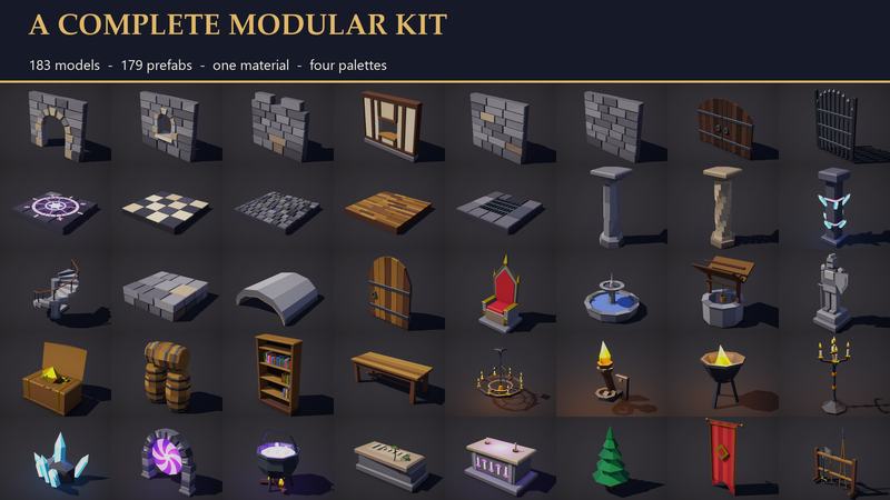 Grid of 40 prefab thumbnails: walls, floors, pillars, doors, furniture, lights and magic props