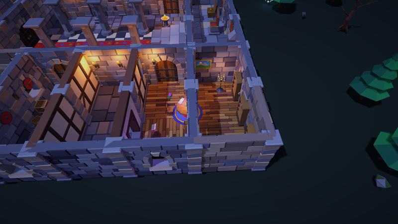 Cutaway view of a library with wooden floor and an armory with timber walls
