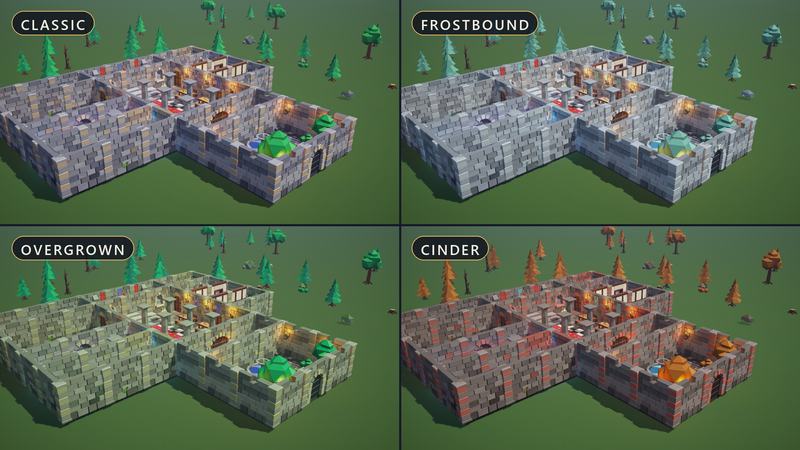 The keep rendered four times in different colour palettes