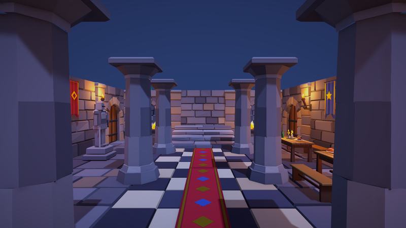 View down the great hall between stone pillars towards the throne dais