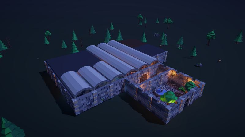 Night view of the keep with barrel-vault ceilings on the roof